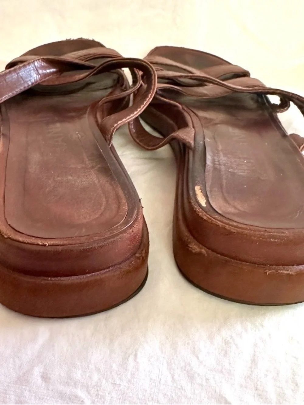 VINTAGE 1990s CHANEL DEBOSSED LOGO PLATFORM SANDALS CROSSOVER STRAPS BROWN 38